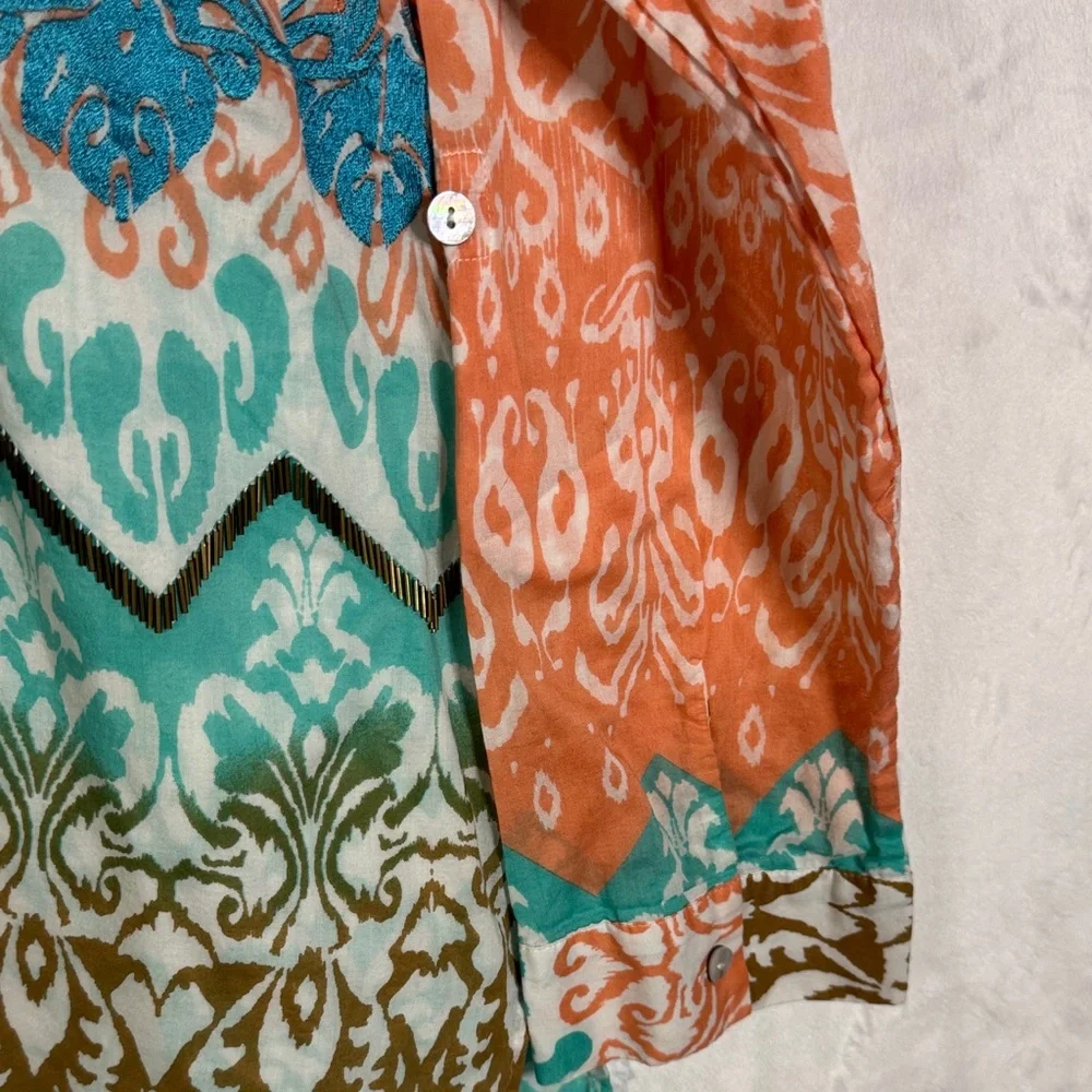 Chico's Embordered Beaded Cotton Pull Over Blouse Medium